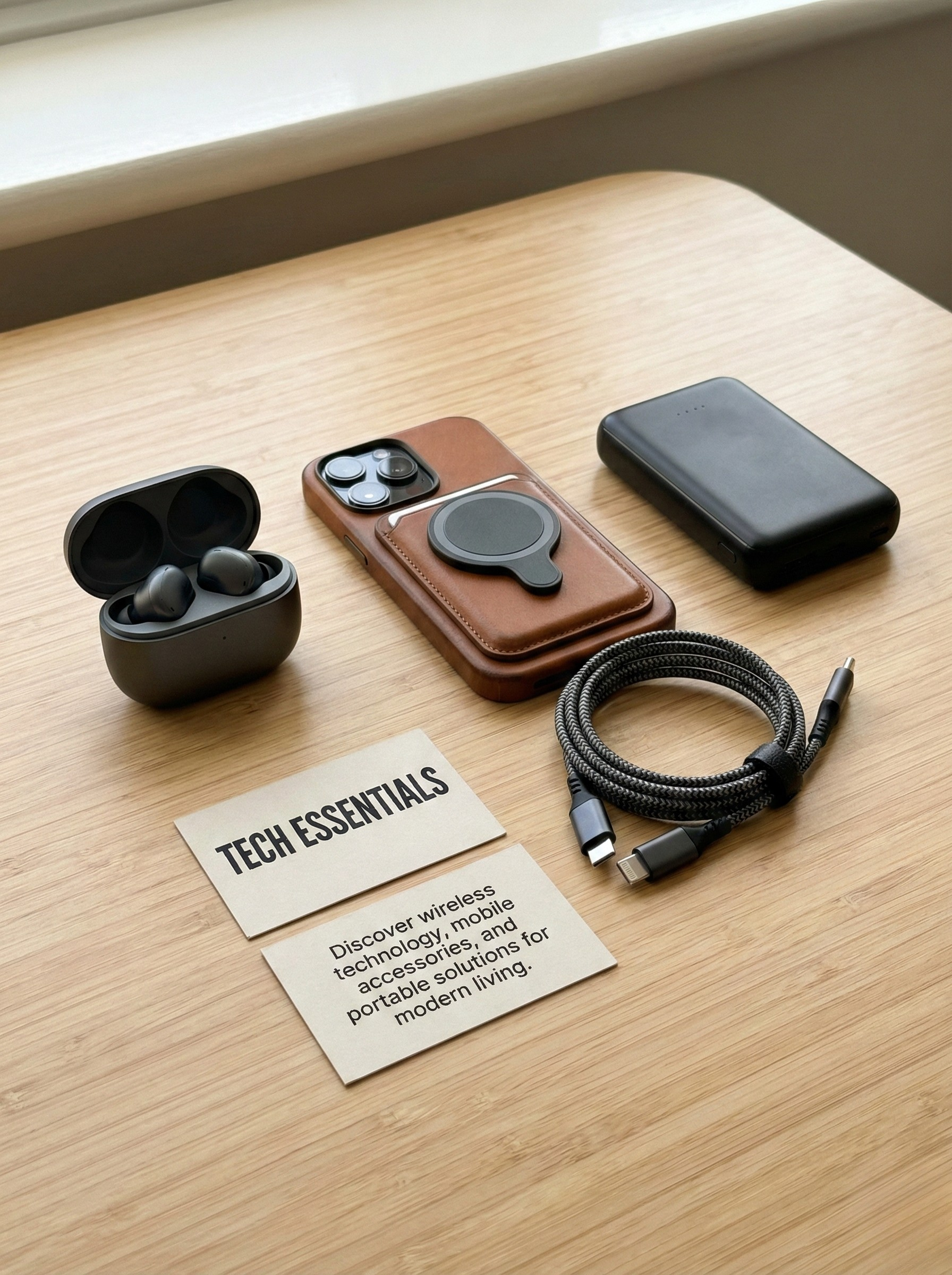 A flat lay photograph on a light wooden surface shows an iPhone in a brown case with a MagSafe wallet, open AirPods Pro case, a black power bank, a coiled charging cable, an Apple Watch with a green band, and a card that reads "TECH ESSENTIALS."