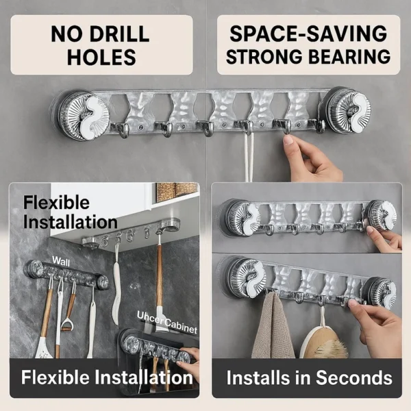 5 Hook Suction Cup Row Hanger. No-Drill Wall Organizer with 5 Detachable Hooks | Kitchen, Bathroom & Bedroom