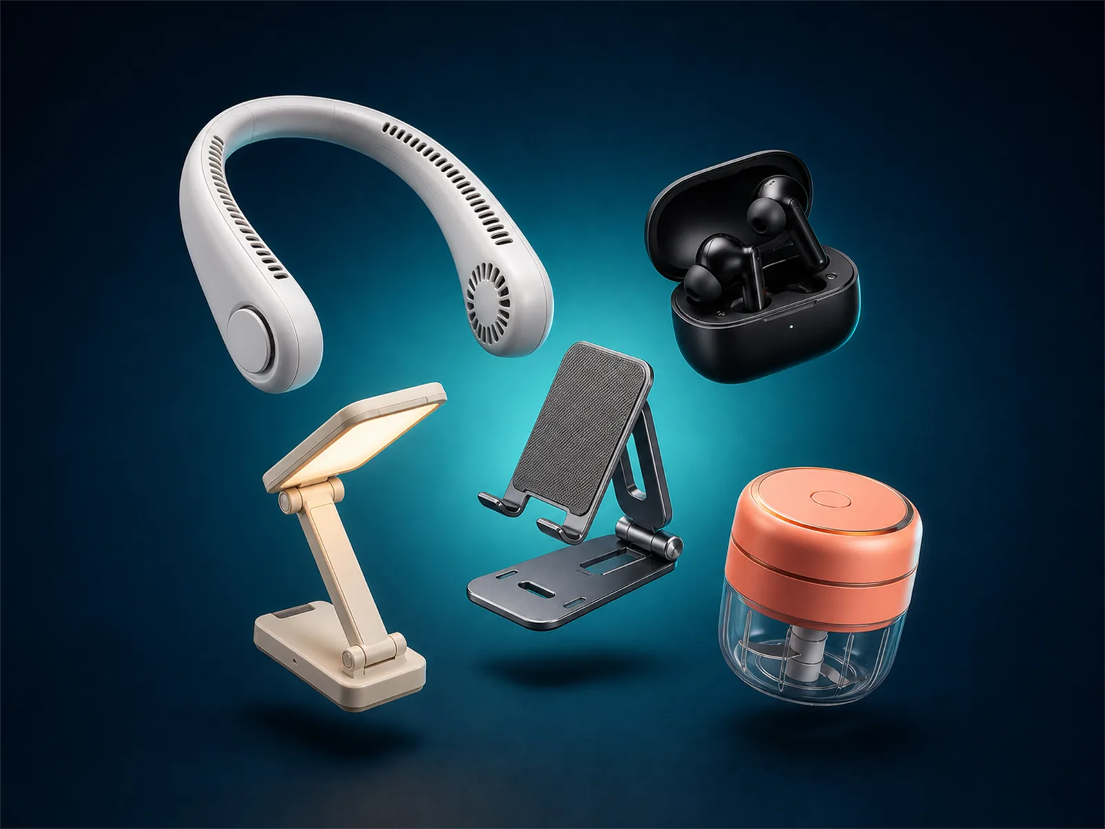 Floating tech gadgets including earbuds, neck fan, phone stand, desk lamp and mini chopper on a navy background