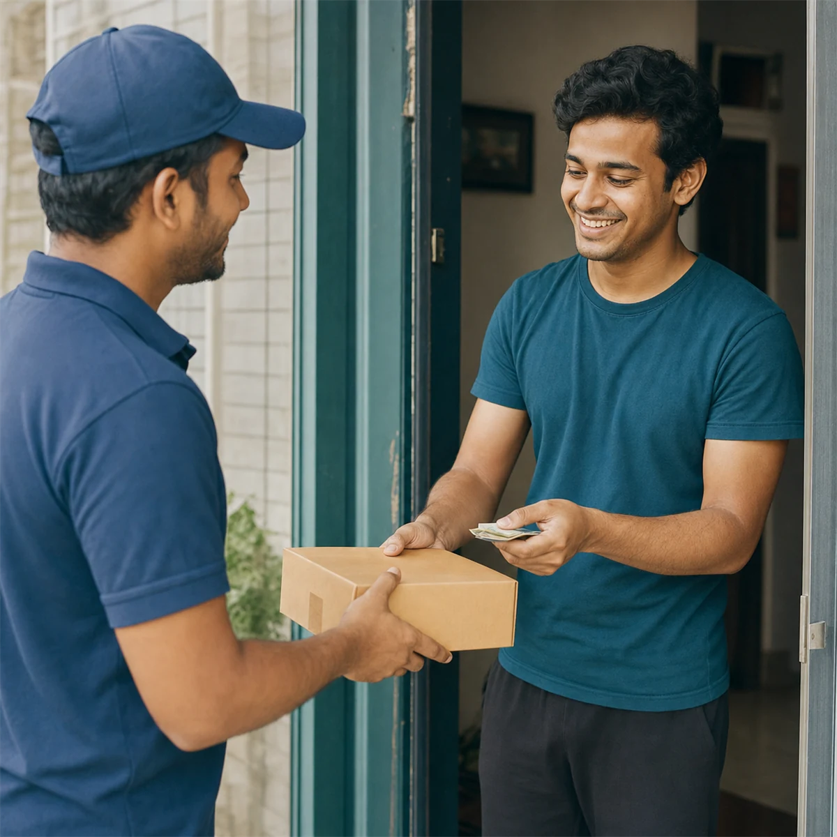 Delivery rider handing a parcel to a customer for cash on delivery in Bangladesh