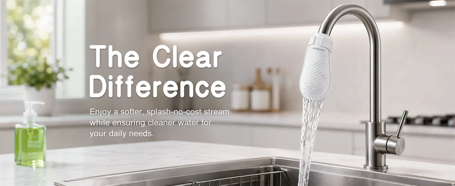 Cotton faucet filter on a brushed steel kitchen tap producing a soft aerated splash free water stream