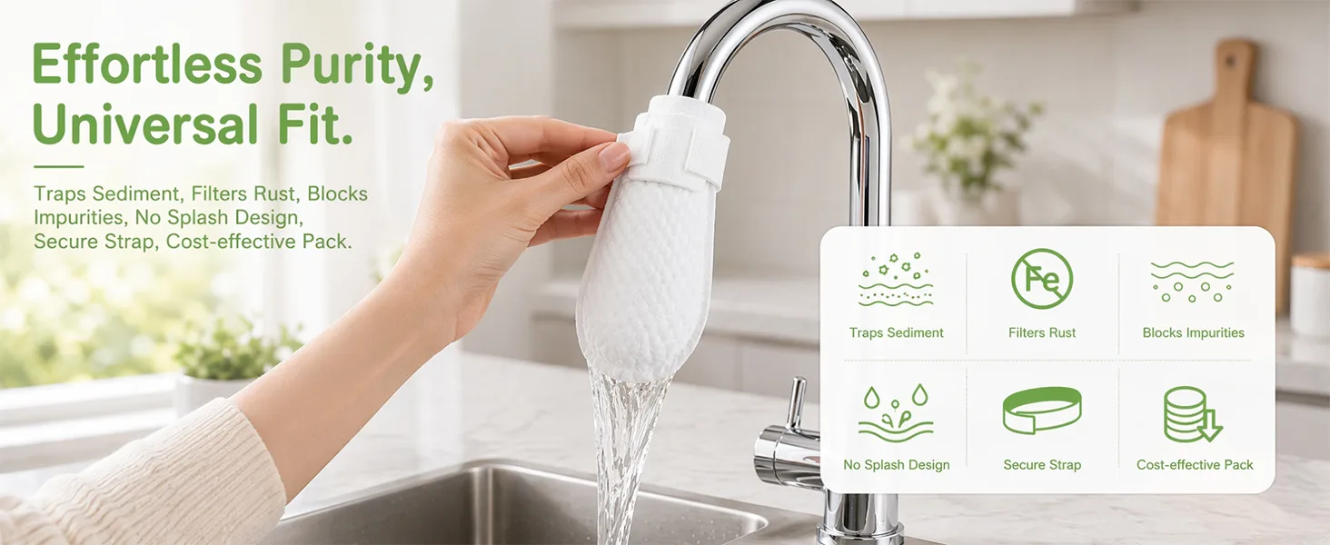 Hand fitting a cotton faucet filter to a chrome tap next to six feature icons for sediment, rust, impurities, anti splash, secure strap and value pack