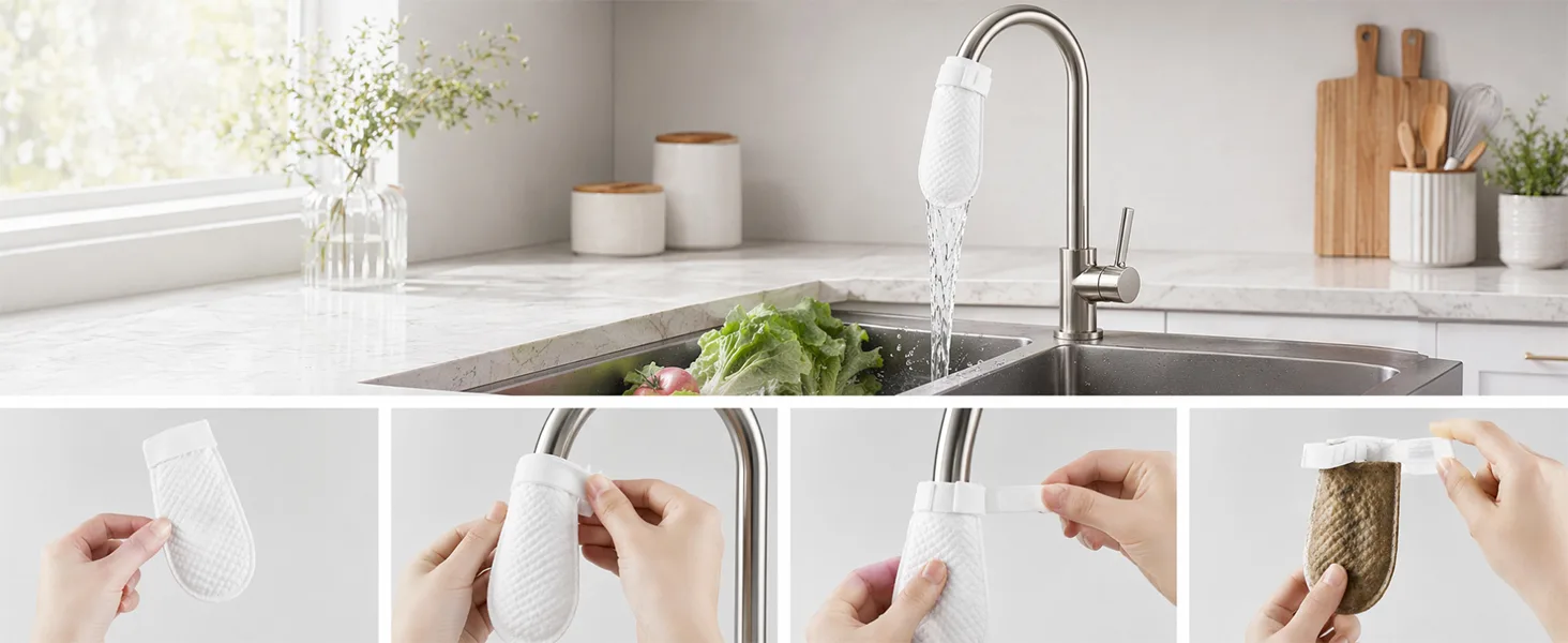 Four step sequence showing a cotton faucet filter being unpacked, slipped over the tap, secured with a strap and removed once dirty