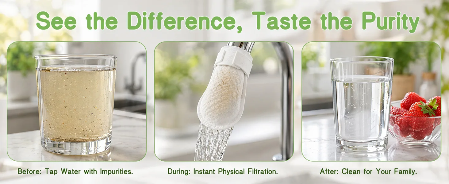 Three panels showing cloudy tap water full of impurities, the faucet filter working, and a glass of clear filtered water beside fresh strawberries