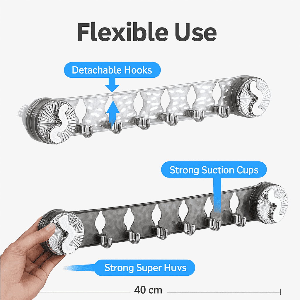 Bathroom display of two transparent suction hook racks holding towel and loofah on a tiled wall, showcasing modern no-drill design with labeled features