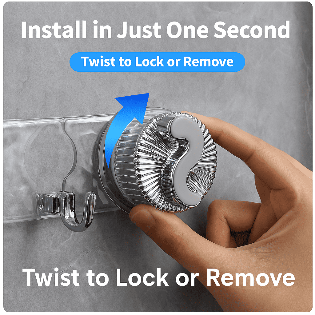 Close-up of a hand twisting the suction cup knob of a transparent hook rack on a tiled wall with blue arrow and install instructions