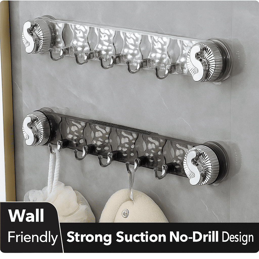 Multi-angle product collage of a suction cup hook rack showing no-drill wall mounting, strong load-bearing design, and easy installation on tile surfaces