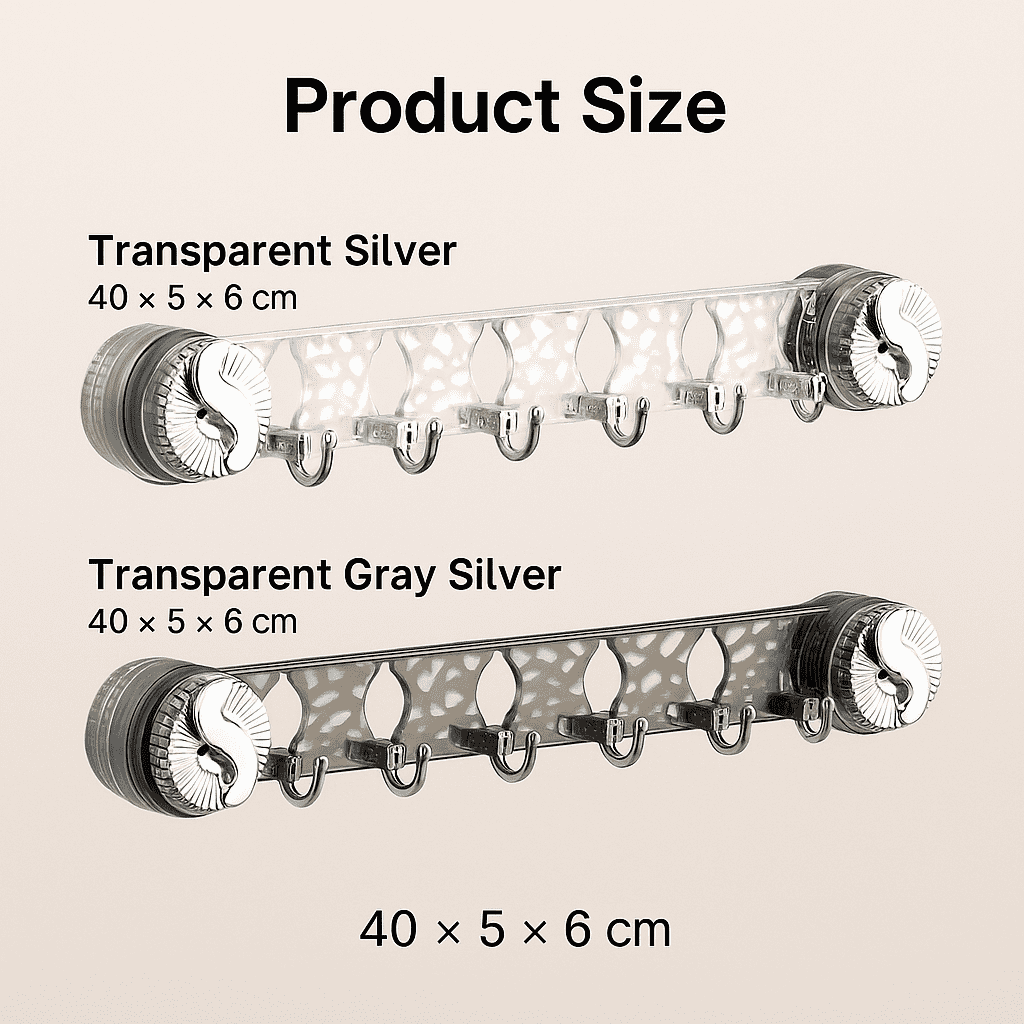 Wall-mounted transparent silver suction hook bar with 6 metal hooks, 40 cm length, no-drill installation