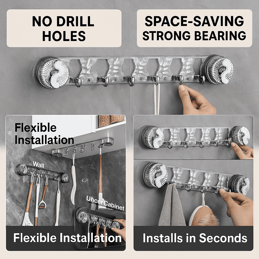 Digital promo image showing detachable transparent suction hook bar with wall and under-cabinet mounting, quick twist install, and space-saving bathroom use